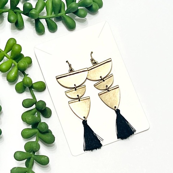 Brushed Gold Tiered Tassel Earrings Gold Black Dangle Boho Preppy Half Circle - Picture 1 of 6
